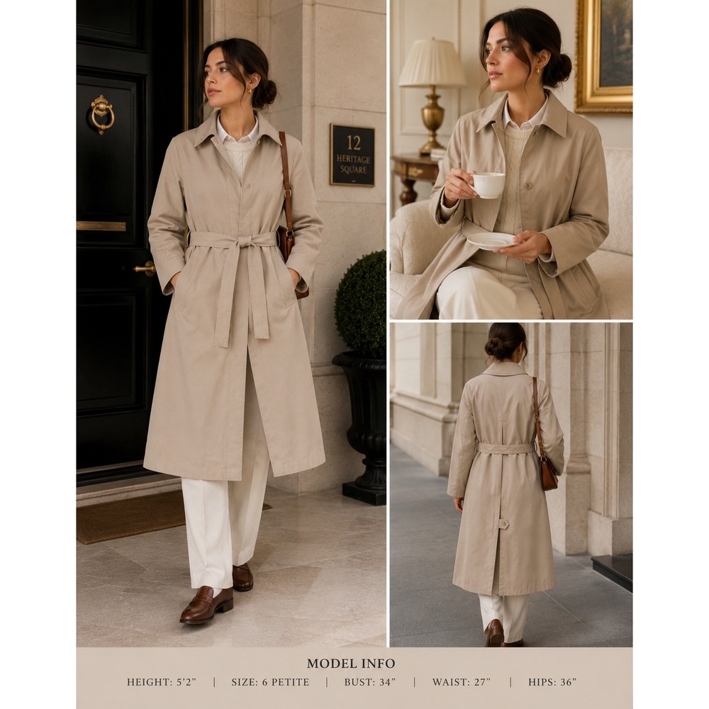 VTG Misty Harbor Womens Tan Trench Coat Faux Fur Zip Out Liner Hooded  Size 6P
